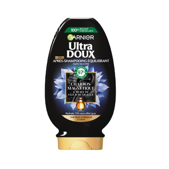 Après-Shampoing Équilibrant Démélant pour Cheveux normaux à gras Charbon magnétique et Huile de fleur de Nigelle ULTRA DOUX