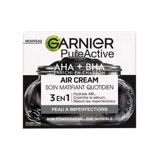Crème Visage Jour et Nuit Peau à Imperfections Matifiant Hydratant Niacinamide AHA BHA Charbon PureActive GARNIER