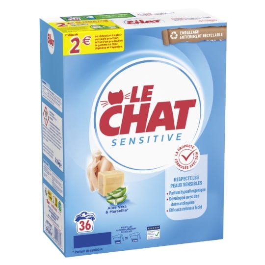 Lessive en poudre Peaux sensibles Aloe vera et Marseille LE CHAT