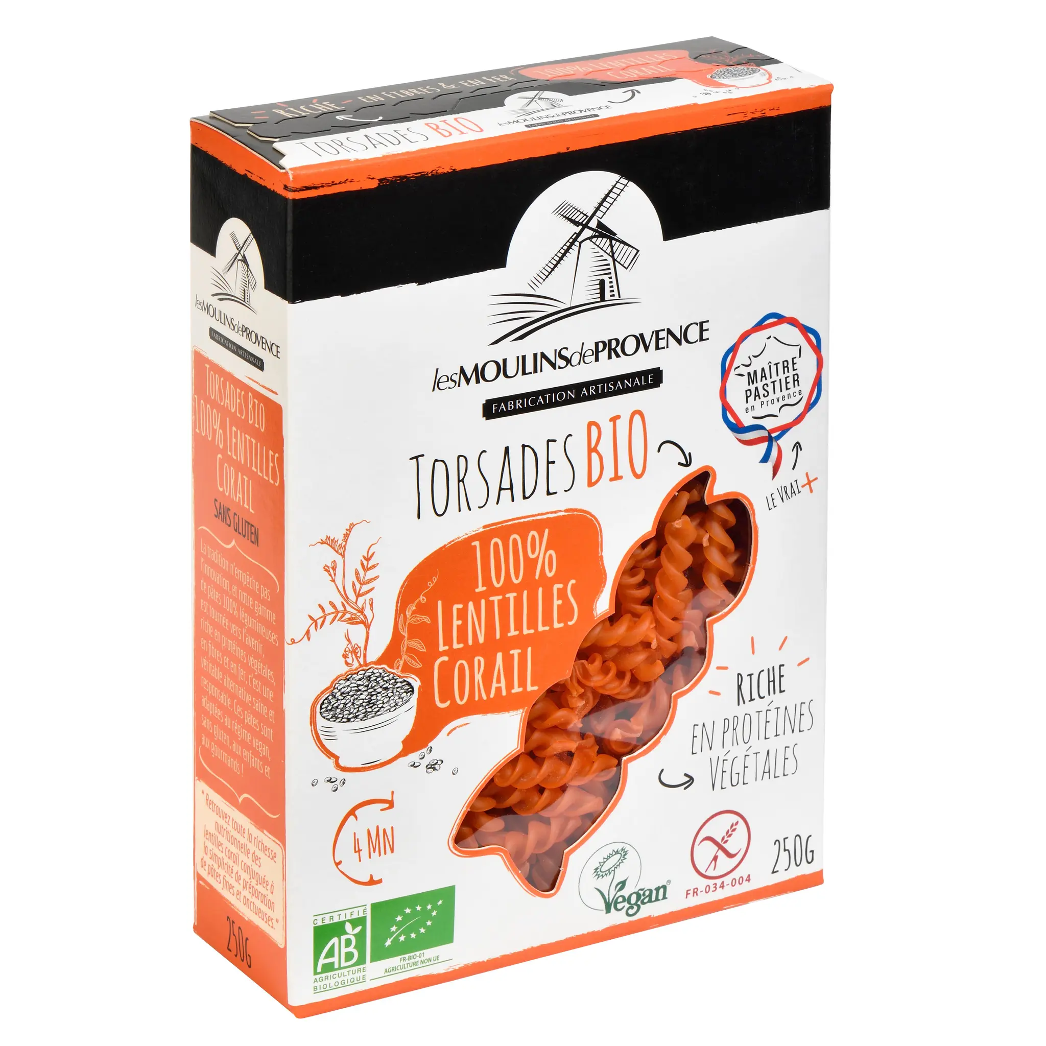 LES MOULINS DE PROVENCE Torsades bio vegan aux lentilles corail sans gluten cuisson rapide