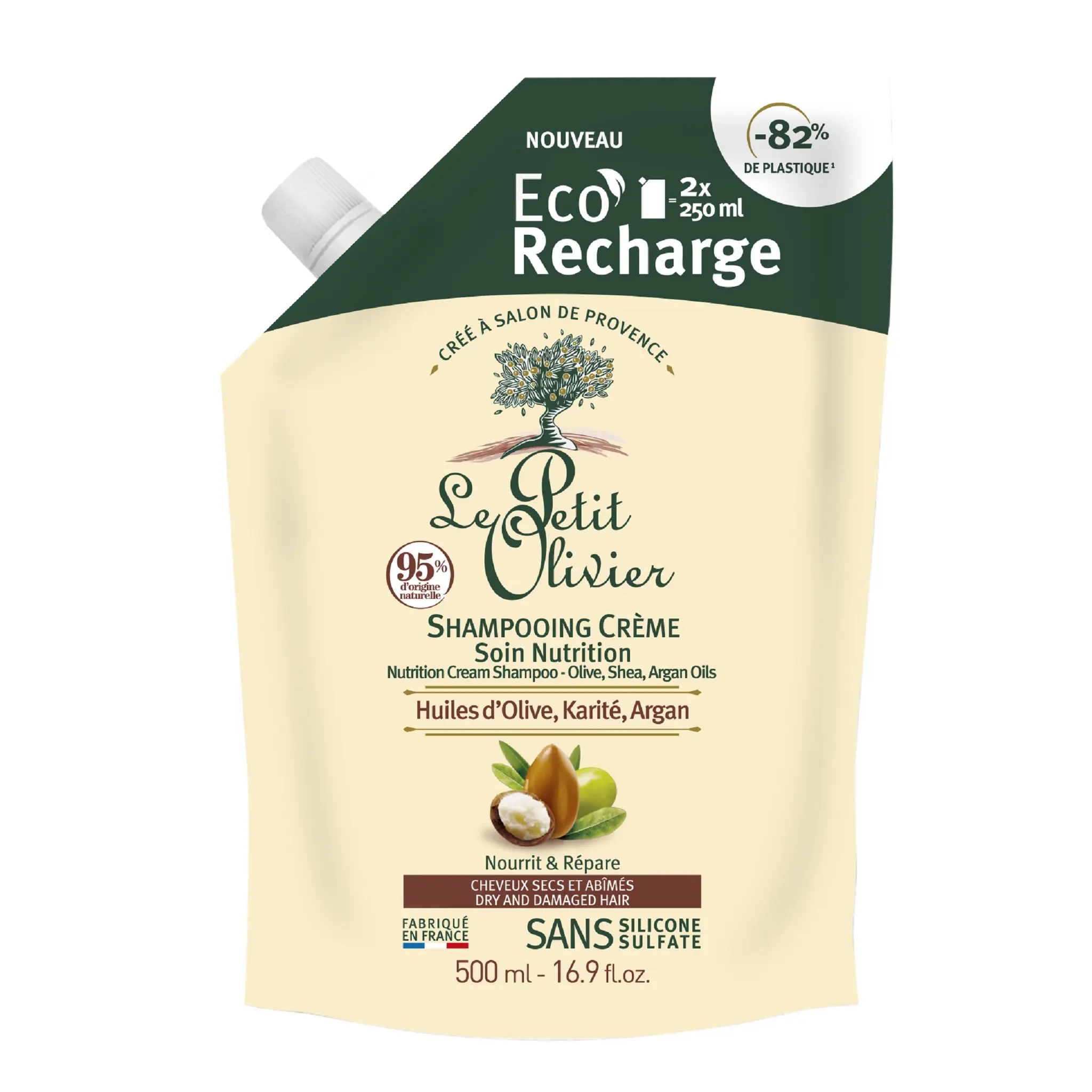 LE PETIT OLIVIER Recharge shampoing crème soin nutrition huiles d'olive karité et d'argan cheveux secs et abîmés