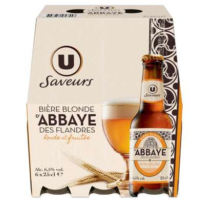 Pack de bière blonde d'Abbaye des Flandres 6.5°, U Saveurs (6 x 25 cl)