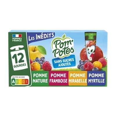 Les Inédits pomme, pomme/framboise, mirabelle et myrtille, Pom'Potes (12 x 90 g)