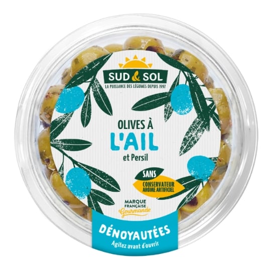 Olives Vertes Ail et Persil Dénoyautées SUD & SOL