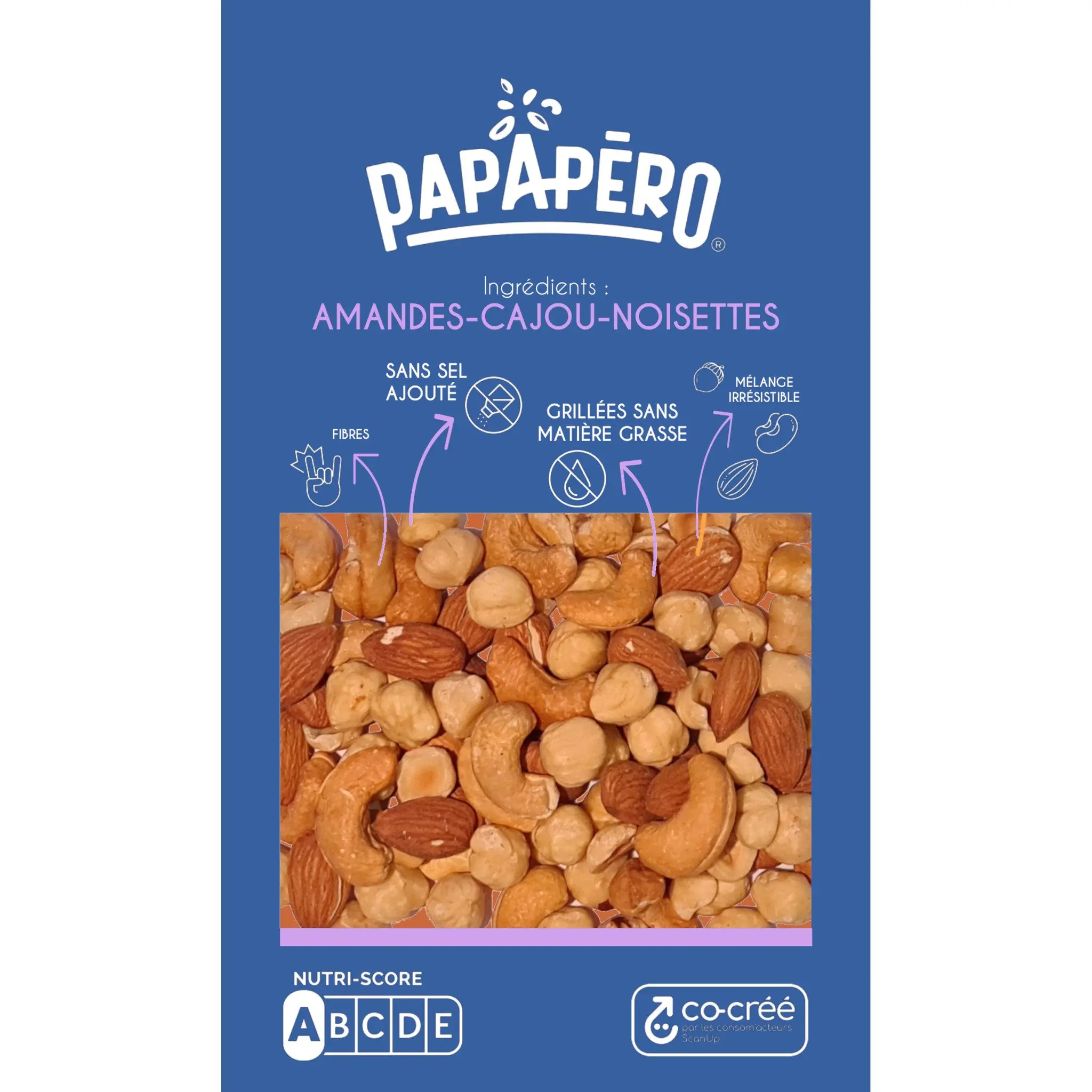 PAPAPERO Mélange d'amandes cajou et noisettes sans sel