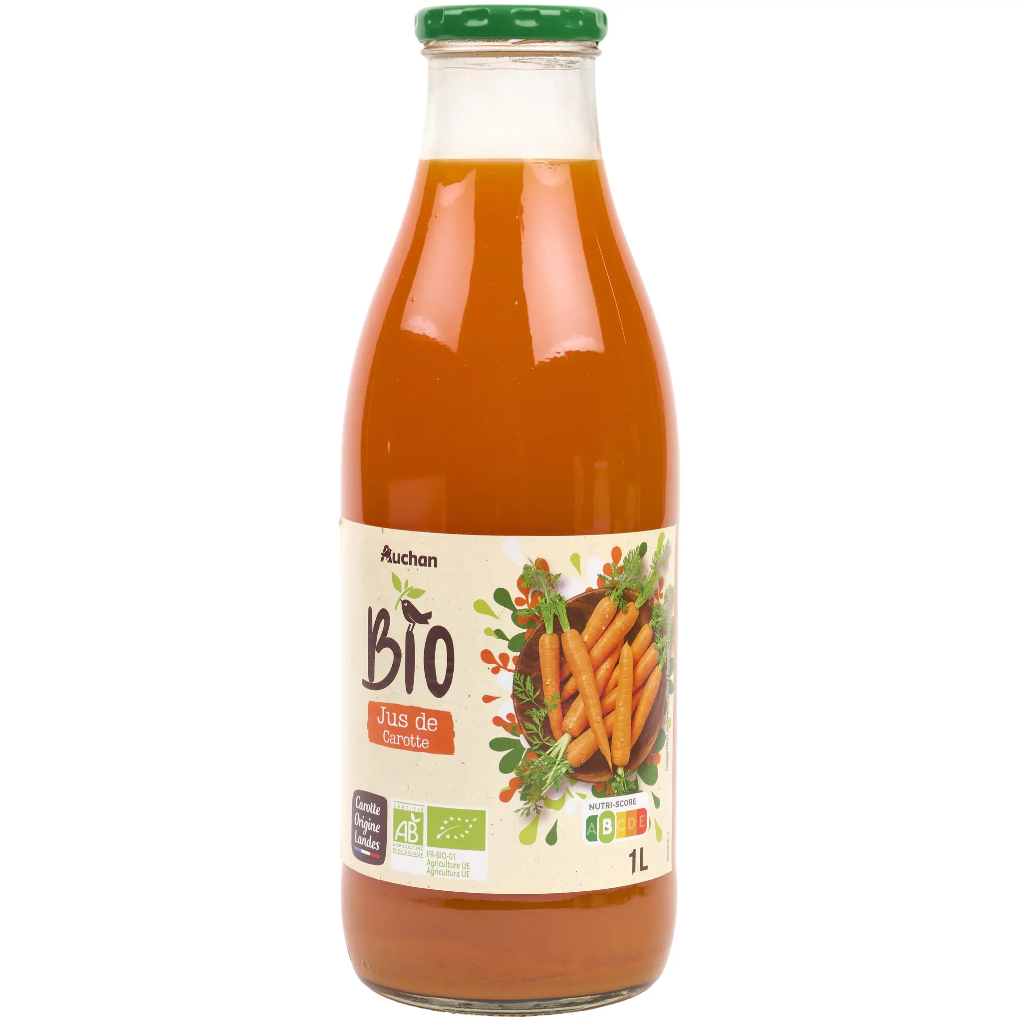 AUCHAN BIO CULTIVONS LE BON Jus de carotte des Landes bio filière responsable bouteille verre