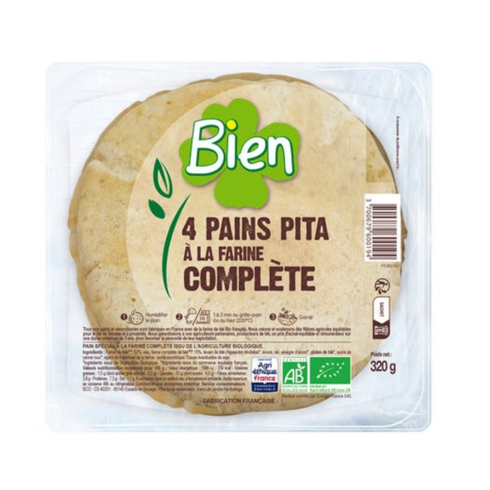 Pains pita à la farine complète bio et équitable x4