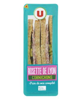 Sandwich au pain de mie complet garni de rosette de Lyon et de cornichons, U (125 g)