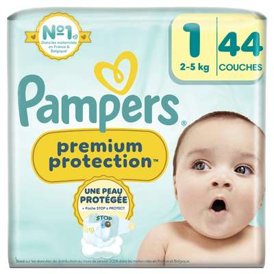 Couches premium protection T1 / 2-5 kg, Pampers (x 44)