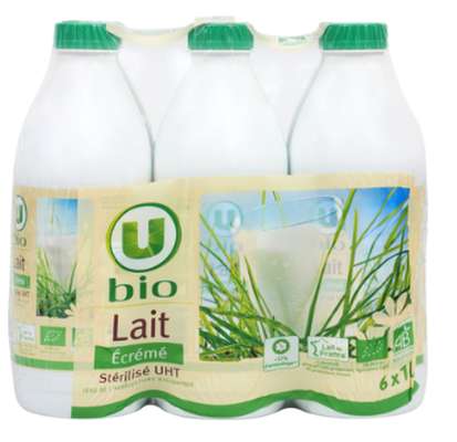 Pack de lait uht écrémé BIO, U BIO (6 x 1 L)