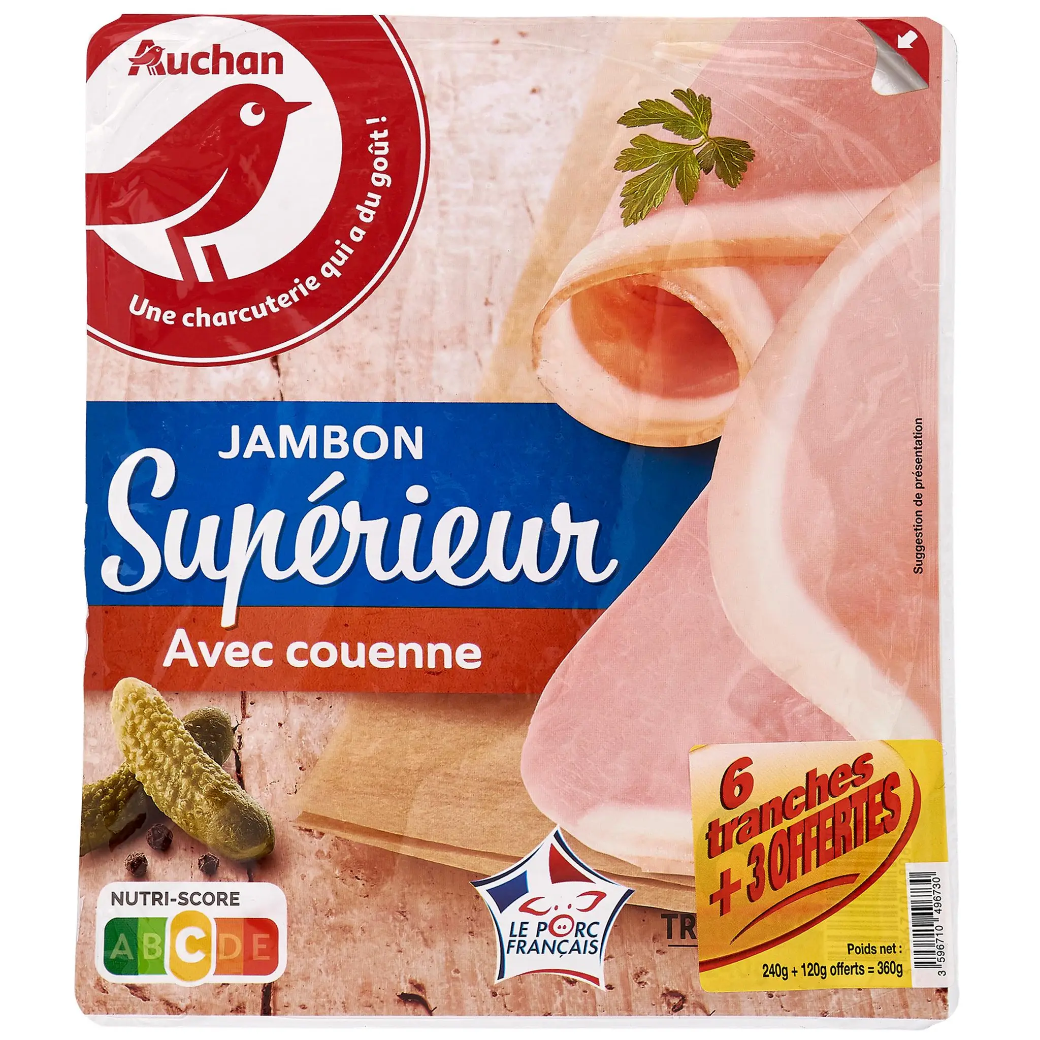 AUCHAN Jambon supérieur avec couenne porc français