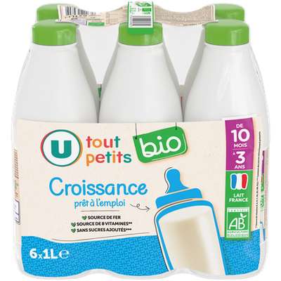 Pack lait de croissance DHA BIO - 10 mois à 3 ans, U Tout Petits (1 L x 6)