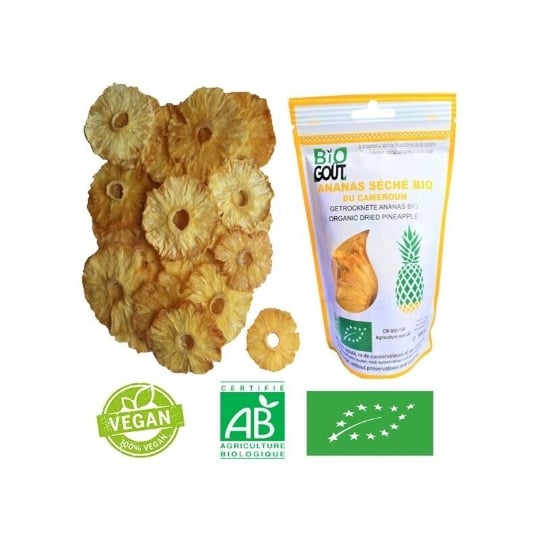 Ananas Séché Bio, lot de 10x100gr, Sans Sucre Ajouté, sans conservateurs BIOGOUT
