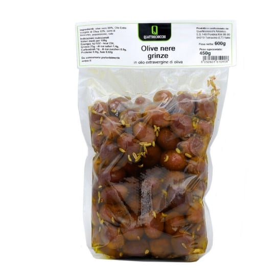 Olives Noires "grinze" Séchées À L'huile D'olive Extra Vierge 600 Gr FRANTOIO QUATTROCIOCCHI