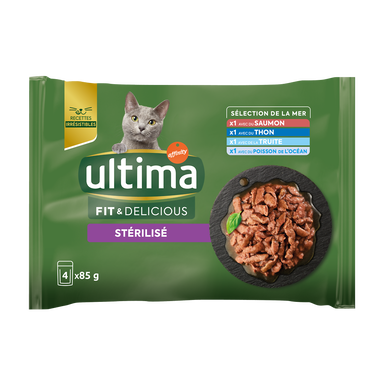 Sachets fraîcheur pour chats stérilisés saumon/thon/truite&poissons del'océan ULTIMA - 4x85g
