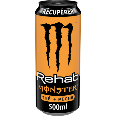 MONSTER Rehab thé pêche, 50cl, enrichie en vitamines B avec sucre et édulcorants. Contient de la taurine, de la l-carnitine et de l' inositol