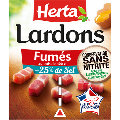 Lardons fumés -25% de sel conservat.sans nitrite HERTA 2x75g