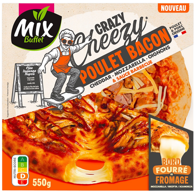 Pizza Crazy Cheezy poulet bacon cheddar mozzarella oignons sauce barbecue MIX BUFFET 550g