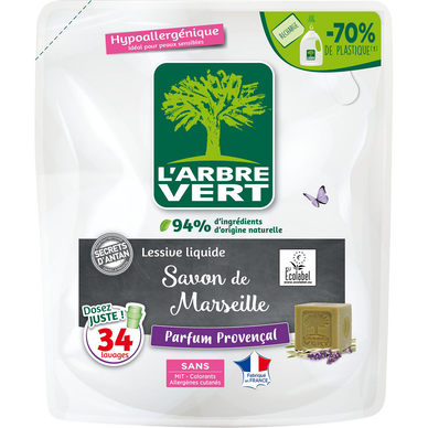 L'ARBRE VERT - Lessive liquide - Hypoallergénique - Parfum Provençal -34 lavages - RECHARGE - 1.53 l