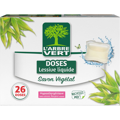Capsules lessive savon végétal L'ARBRE VERT Hypoallergénique x26