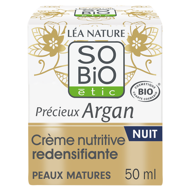 Crème visage nuit nutritive redensif anti rides argan peaux matures SOBIO, 50ml