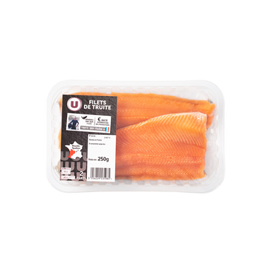 Filet de truite, Oncorhynchus Mykiss, élevée en France, 2 pièces, barquette, 250g