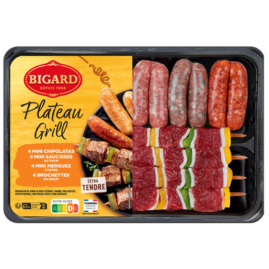 Plateau viande barbecue grillade 4 brochettes boeuf +12 mini saucisses(4min.merg.,4 min.chip.,4 min.merg.fort), BIGARD, transf.en Fr., 710g