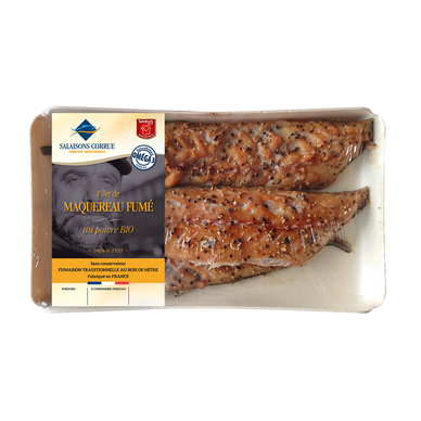 Filet maquereau, Scomber scombrus, fumé au poivre, pêché en AtlantiqueNord Est, barquette 250g