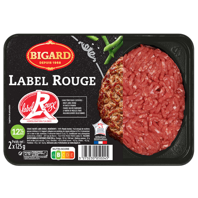Steak haché, 12% MAT.GR.,LABEL ROUGE, BIGARD, France, barquette 2x125g
