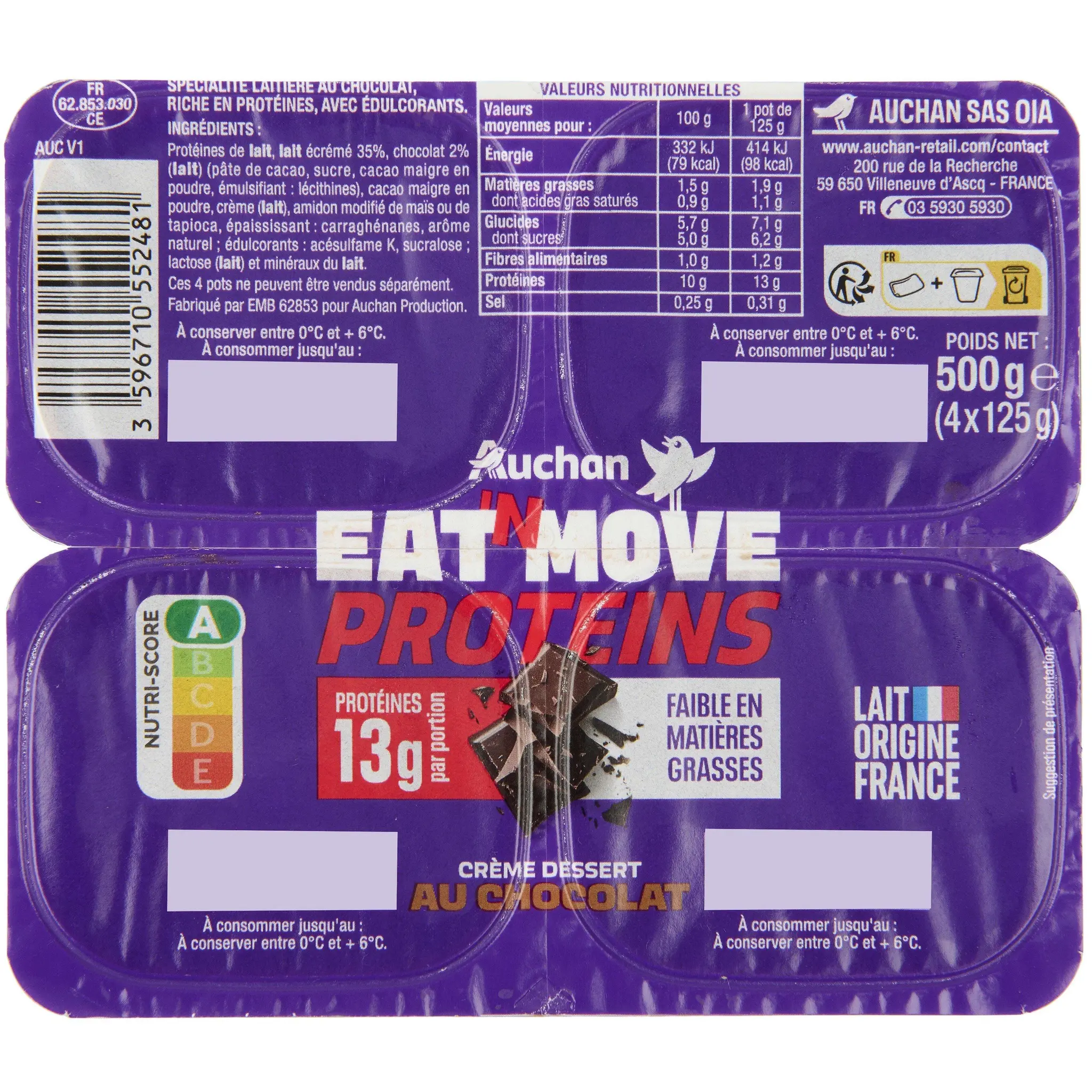 AUCHAN EAT'N MOVE Crème dessert protéinée au chocolat