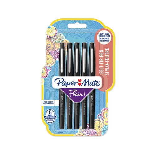 Paper Mate 5 Feutres Flair, Encre Noire