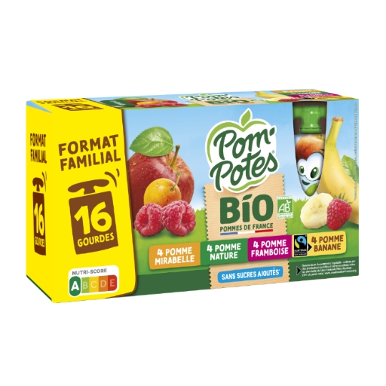Compote pomme, framboise, banane, mirabelle bio sans sucres ajoutés POM'POTES