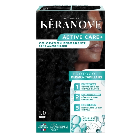 Coloration Permanente 1.0 Noir Sans Ammoniaque Couvre 100% Cheveux Blancs Complexe Keragen Active Care+ KERANOVE