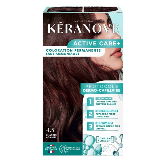 Coloration Permanente 4.5 Châtain Acajou Sans Ammoniaque Couvre 100% Cheveux Blancs Protège Le Microbiome Protocole Dermo-Capillaire Complexe Keragen Active Care+ KERANOVE