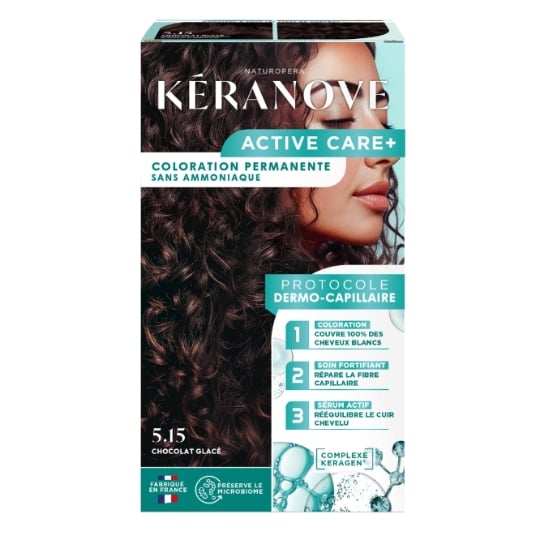 Coloration Permanente 5.15 Chocolat Glacé Sans Ammoniaque Couvre 100% Cheveux Blancs Active Care Complexe Keragen Préserve Le Microbiome KERANOVE