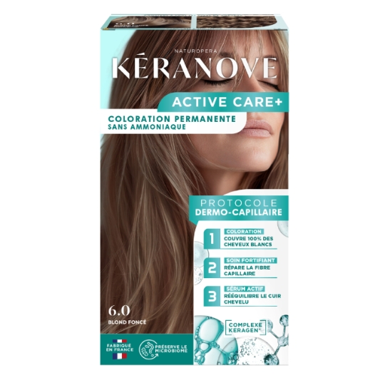 Coloration Permanente 6.0 Blond Foncé Sans Ammoniaque Couvre 100% Cheveux Blancs Couleur Lumineuse Longue Durée Protocole Dermo-Capillaire Préserve Le Microbiome Active Care + KERANOVE