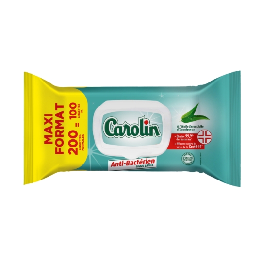 Lingettes Nettoyantes Anti-Bactérien Sans Javel à l'Huile Essentielle d'Eucalyptus CAROLIN