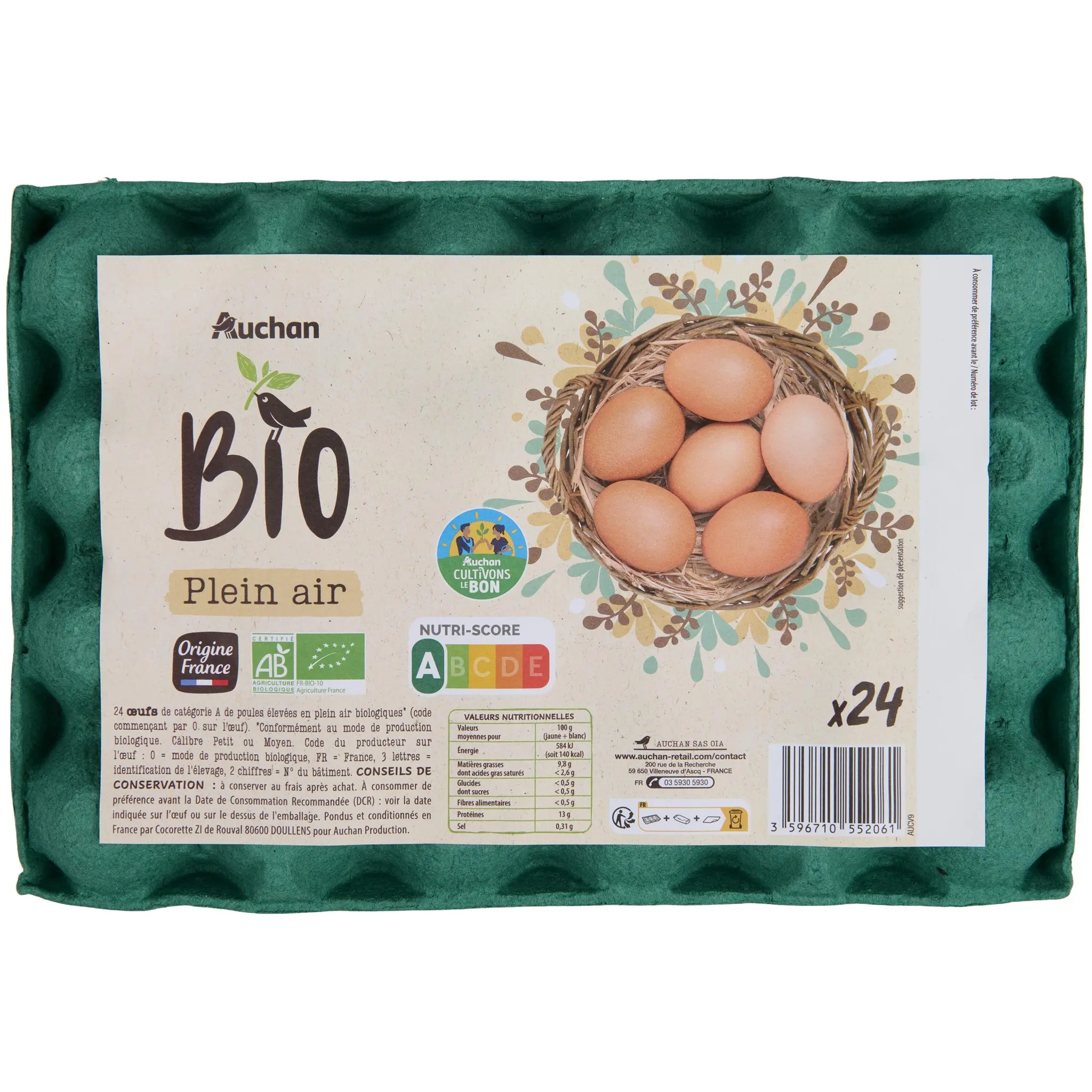 AUCHAN BIO Oeufs de poules élevées en plein air bio