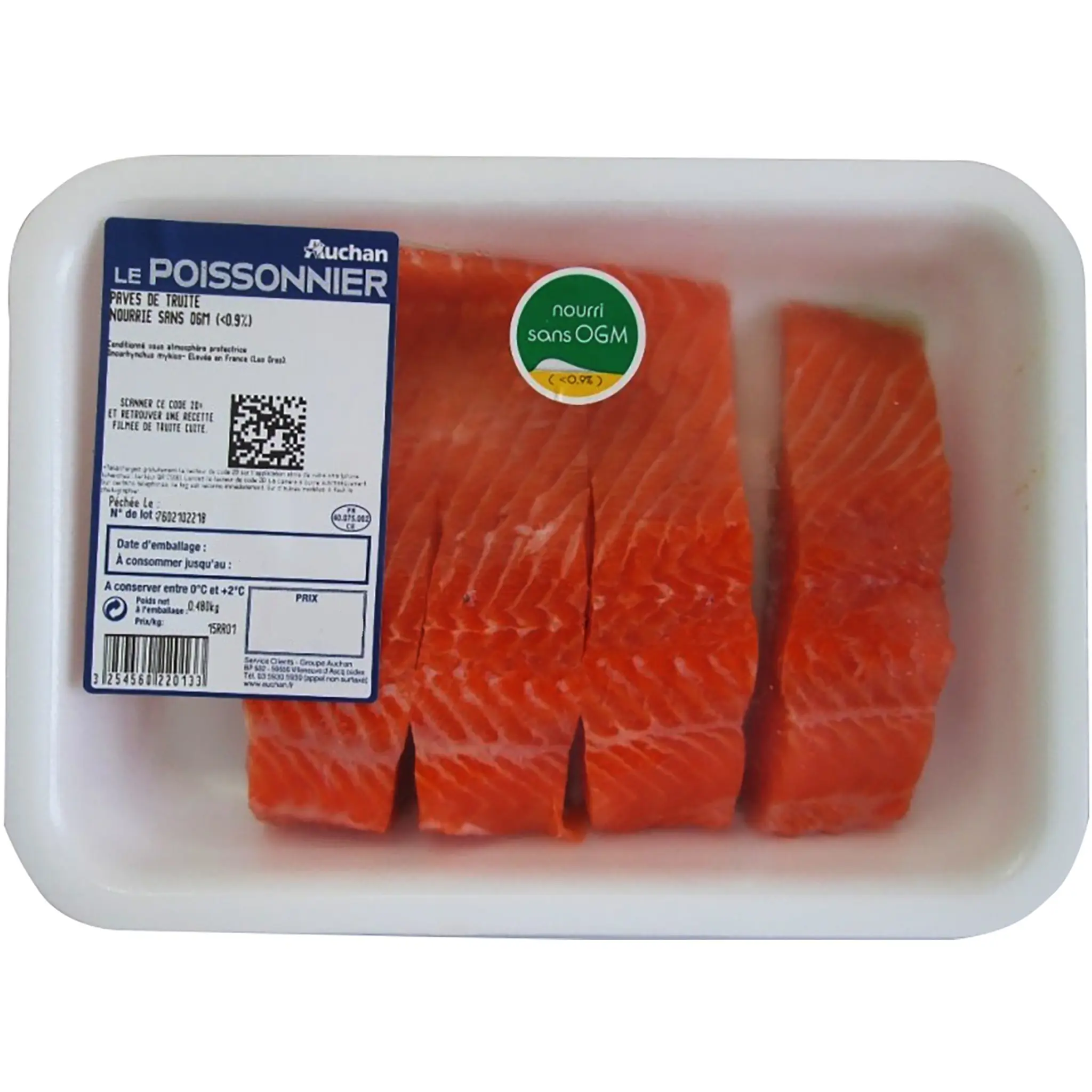 AUCHAN LE POISSONNIER CULTIVONS LE BON Pavés de truite élevée sans OGM en France ou en Espagne barquette