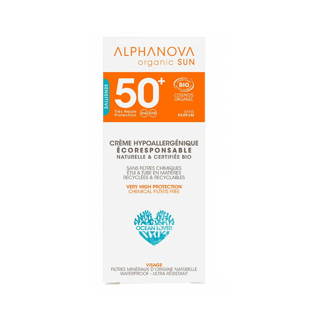 Crème solaire hypoallergénique SPF50+ certifiée Cosmos Organic