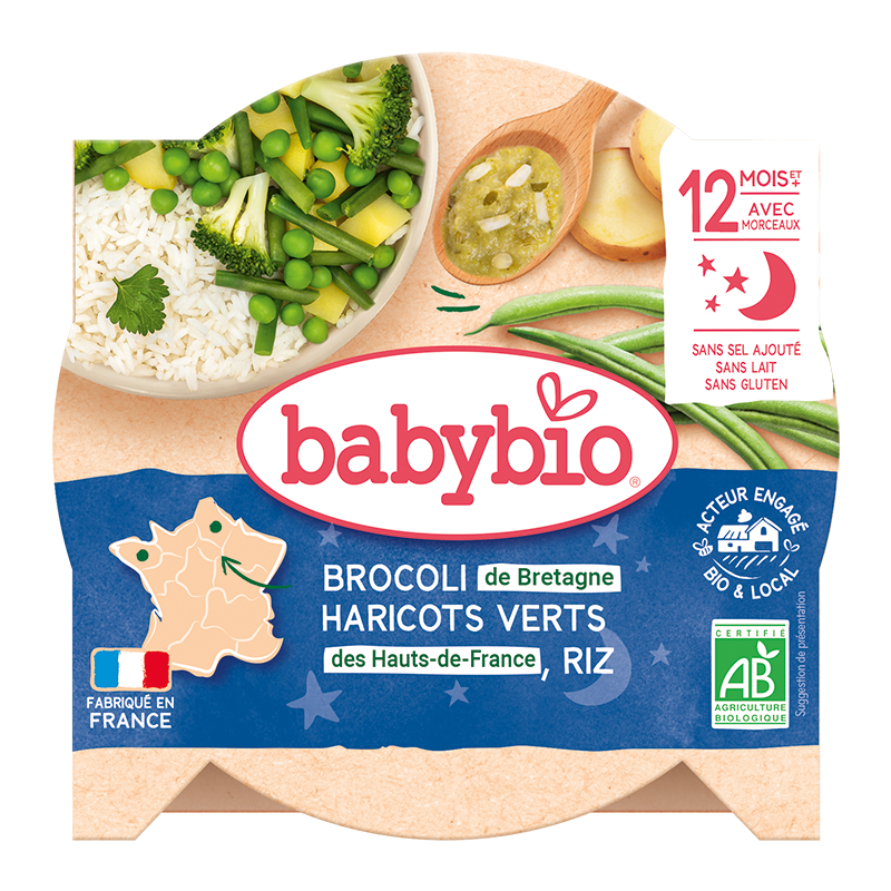 Assiette soir brocoli de Bretagne haricots verts de Vendée & riz au persil (dès 12mois) bio