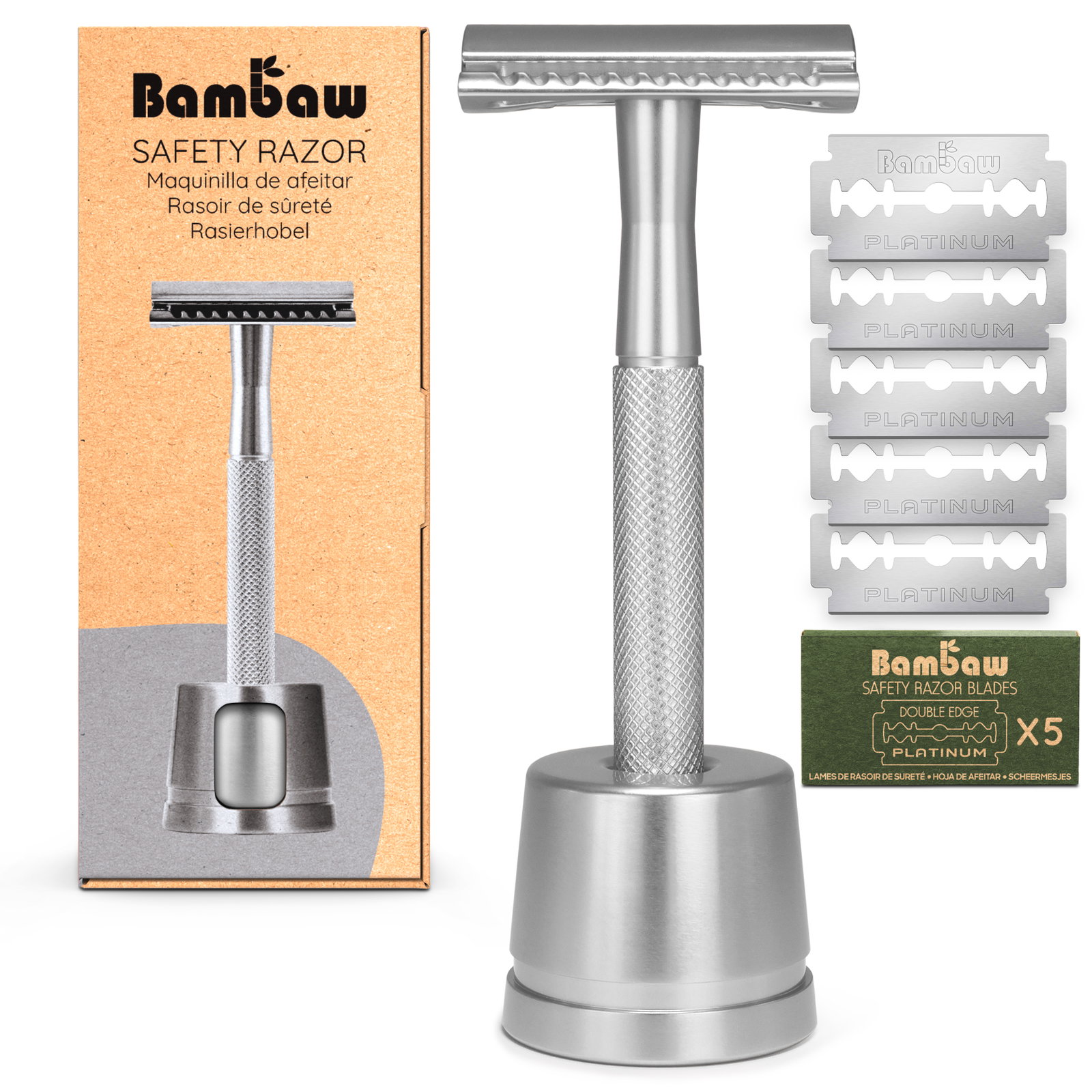 Rasoir de sûreté argent + socle + 5 lames