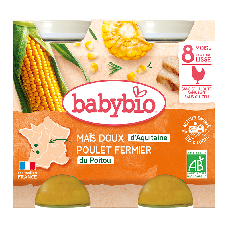 Petits pots midi maïs doux et poulet fermier du Poitou bio (dès 8 mois) - 2x200g
