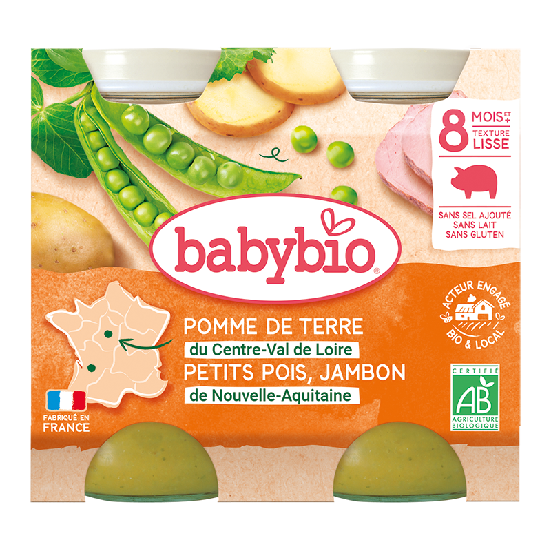 Petits pots midi pommes de terre petits pois et jambon de nouvelle Aquitaine bio (dès 8 mois) - 2x200g