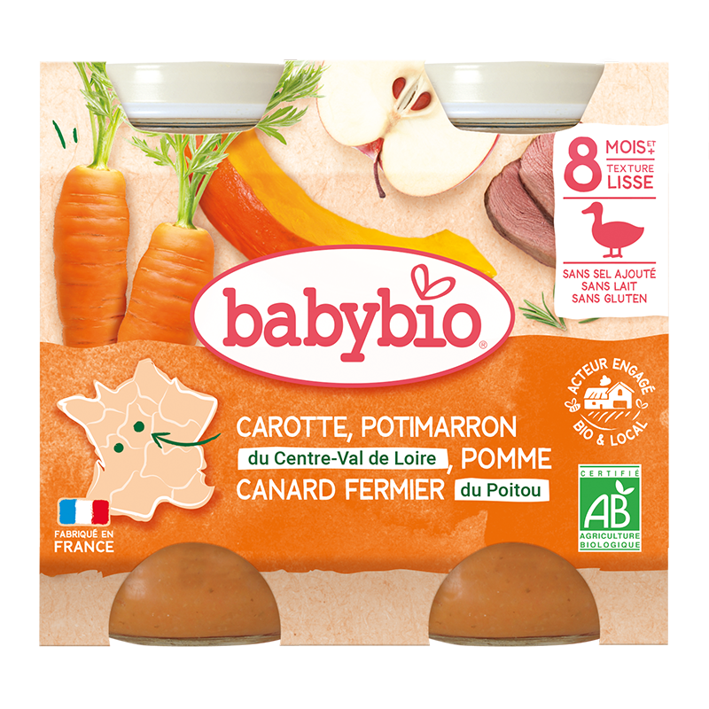 Petits pots midi carotte potimarron pomme et canard fermier bio (dès 8 mois) - 2x200g