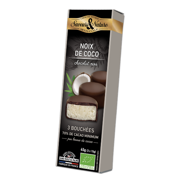 Bouchées à la noix de coco enrobées de chocolat noir 70% de cacao bio