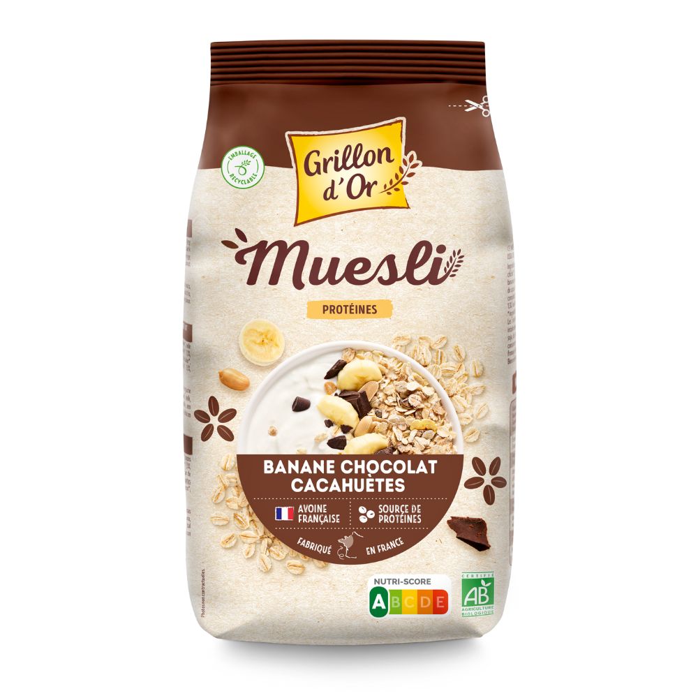 Muesli protéiné banane chocolat cacahuète bio