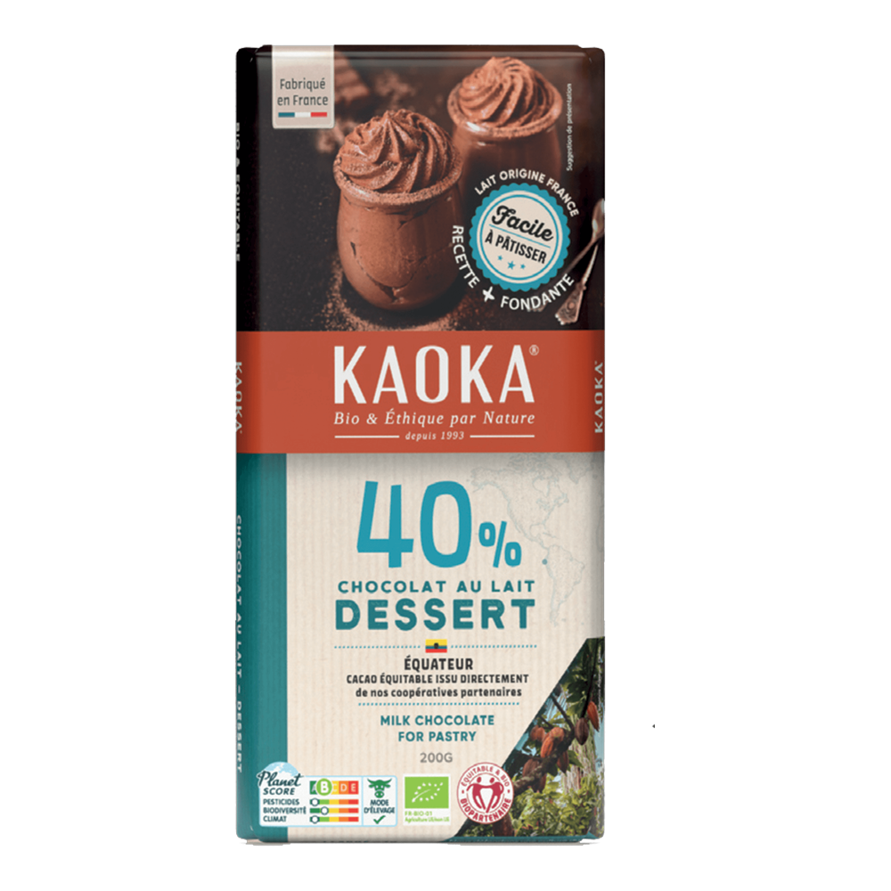 Chocolat au lait dessert 40% bio et équitable