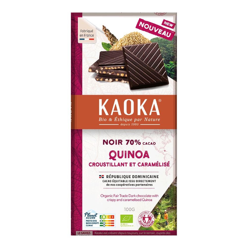 Chocolat noir 70% quinoa croustillant et caramélisé bio et équitable