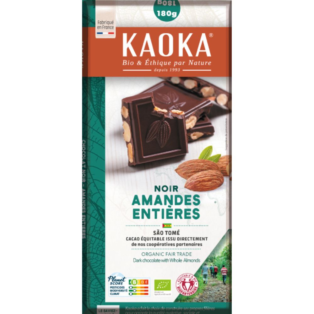Tablette gourmande chocolat noir (66%) amandes entières bio et équitable